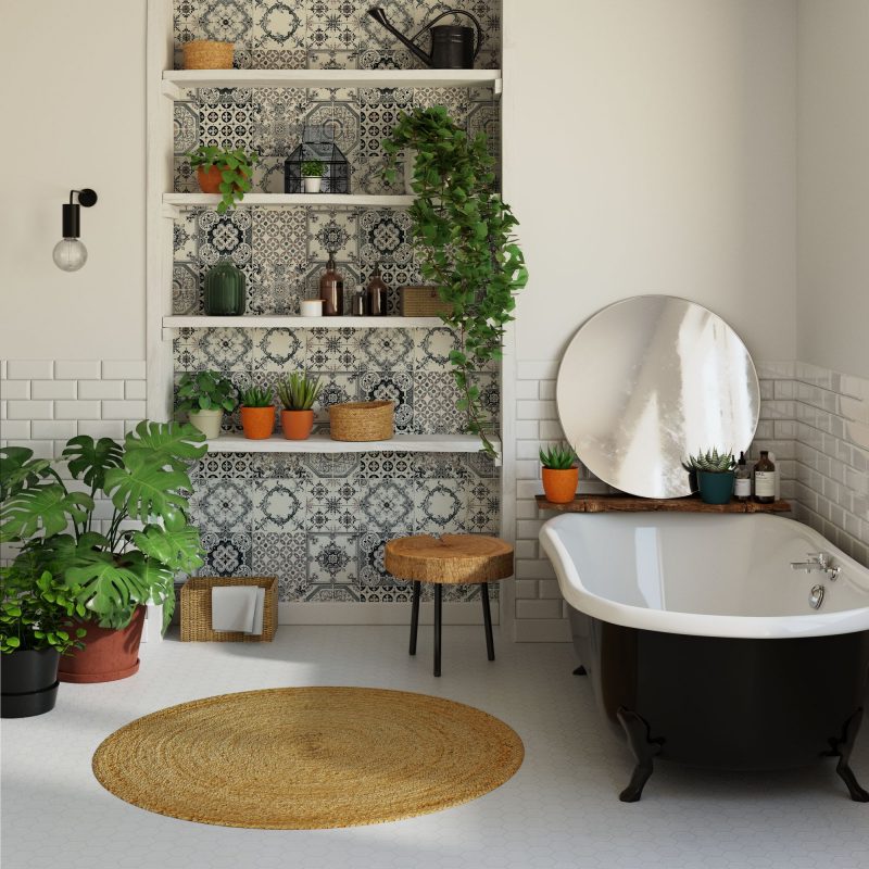 papier peint gris en vinyle effet azulejos avec des motifs géométriques dans une salle de bains décorée de plantes