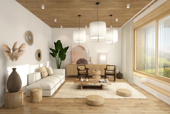 salon scandinave de style japandi au couleurs naturelles et au mobilier en bois brut et osier