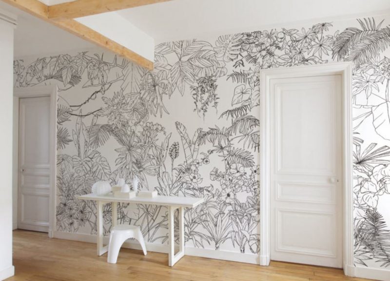 papier peint noir et blanc représentant une jungle tropicale