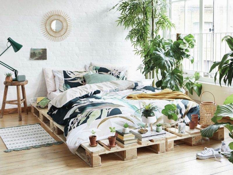 plantes décoratives dans une chambre à lit en palettes de bois