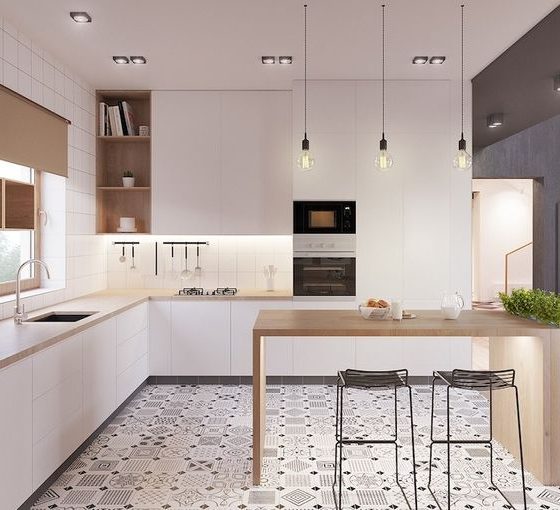 cuisine scandinave avec meuble encastré en blanc et bar en bois