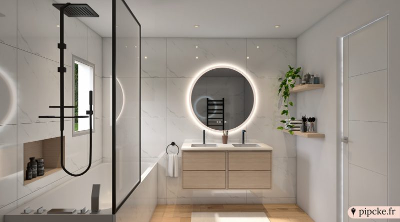 relooker une salle de bains moderne avec marbre aux murs et plantes vertes en touches