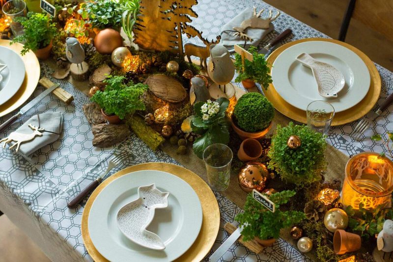Déco de table automnale avec un chemin de table orné de mousse et de bois