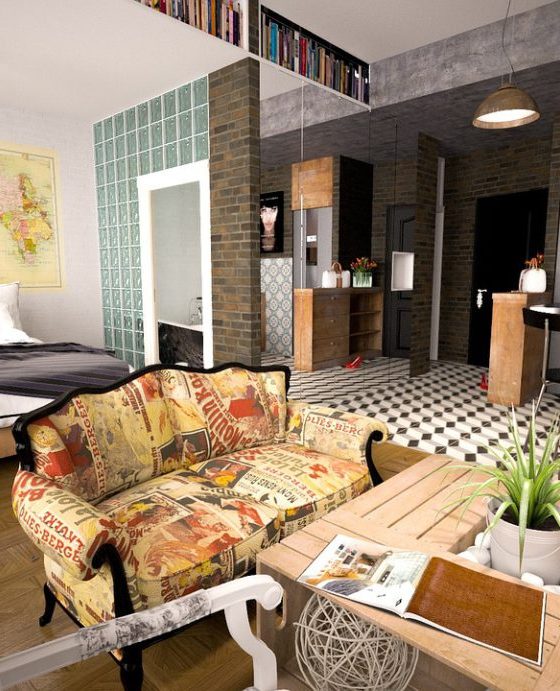 déco mix and match avec des carreaux de ciment dans la cuisine et du parquet dans la pièce de vie