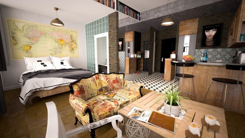 déco mix and match avec des carreaux de ciment dans la cuisine et du parquet dans la pièce de vie